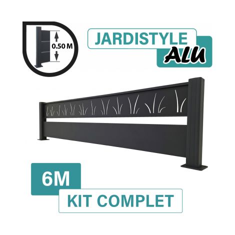 Kit Clôture Aluminium Gris Anthracite 6M - Claire voie Design Tahiti - Sur Platines - 0,50 mètre