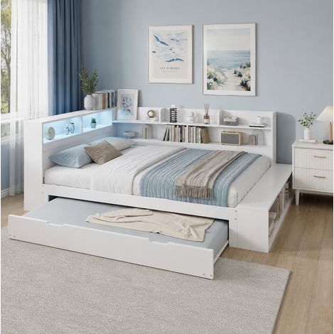 OKMYHOME Bett mit Stauraum 120 x 200 cm, Ausziehbett 90 x 190 cm, LED und Sitzbank, Weiß (1/5)