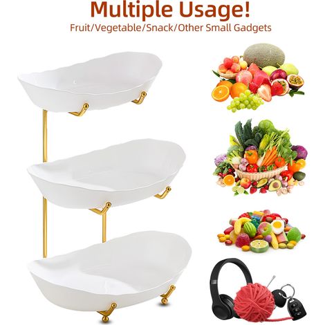 Obstschale für die Küchentheke, 3-stöckiger Acrylkorb mit Servierschalen und Metallständer, mehrstöckige Aufbewahrung für Gemüse, Snacks/Nüsse, Kuchen, Desserts, perfekt für ein Buffet bei einer Hochz (1/5)