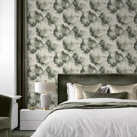 Green White Elysian Floral Wallpaper Glamorous Shimmering Gold Metallic Petals (1/5)