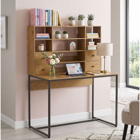Bureau informatique 105 cm avec 4 tiroirs et étagères, bois naturel OKMYHOME (1/5)