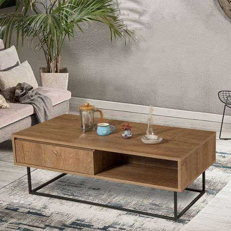 Dmora - Wohnzimmertisch Algenib, Niedriger Wohnzimmertisch, Kaffeeregal, Couchtisch für Sofa, 120x60h43 cm, Walnuss und Schwarz, mit verstärkter Verpackung (1/5)