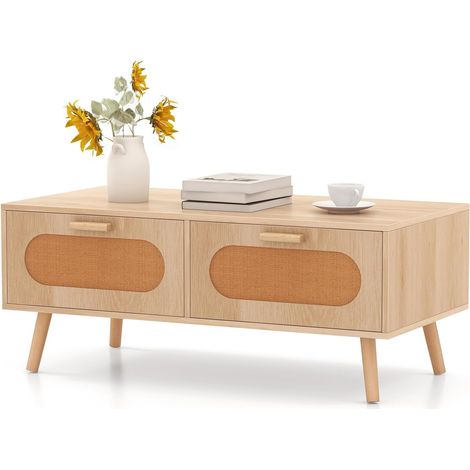 Costway – Table basse en bois et rotin cannage – 2 tiroirs – Compartiment ouvert – Pieds en bois massif – Style bohème – 100 x 50 x 41 cm (1/5)