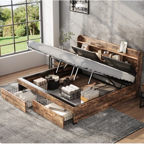 DESVIAE Lit double 180 x 200 cm avec rangement tête de lit coffre hydraulique 2 tiroirs métal noir et décor bois naturel MDF PVC (1/5)