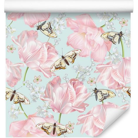 Papier peint papillons, fleurs, verdure et nature pour salon et chambre 50x1000 cm (1/5)