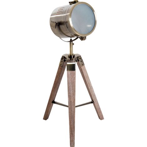 Vintage Tripod Table Desk Lamp Bedside Light Spotlight Brass Antique Searchlight Wooden Base