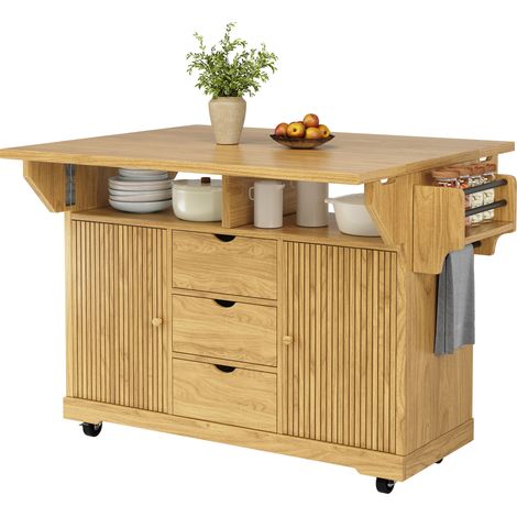 CHICFURN Carro de cocina 142,5 x 80 x 95 cm de MDF marrón, con almacenaje y ruedas (1/5)