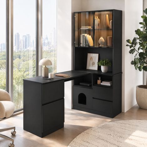 Scrivania angolare 120x80x180 cm con libreria integrata e vetrina LED, 3 cassetti, MDF nero (1/5)