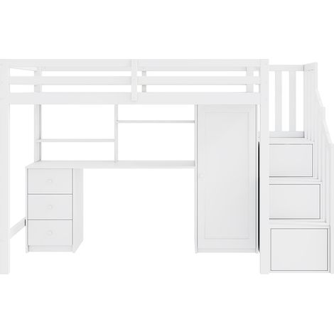 Letto a castello con scrivania e armadio, scala, letto multifunzionale per bambini, letto a castello con cassetti e armadio scala, 90x200 cm, bianco (1/5)