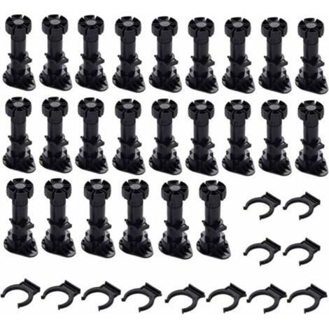 24 Pièces Pieds D'Armoire Plastique,Pied de Meuble,Pied Réglable pour Meuble,Noir Pieds de Meuble Plastique avec Clip Fixation Base pour Meubles de Cuisine,Armoire et Canapé (60mm-8mm),dyk. (1/4)