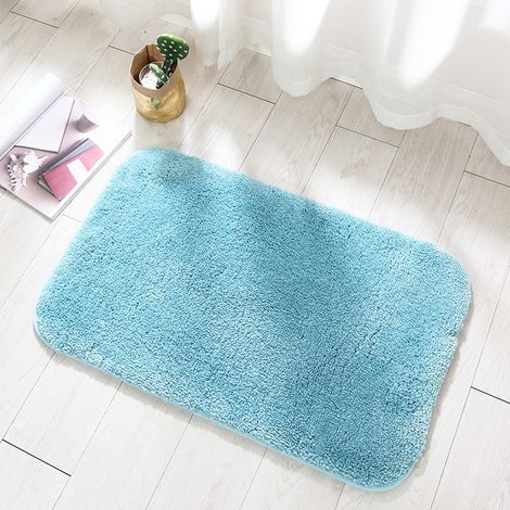 Tapis de bain antidérapant en microfibre à poils longs, lavable en machine, doux et absorbant, idéal pour la baignoire, la douche et la salle de bain - bleu (1/5)