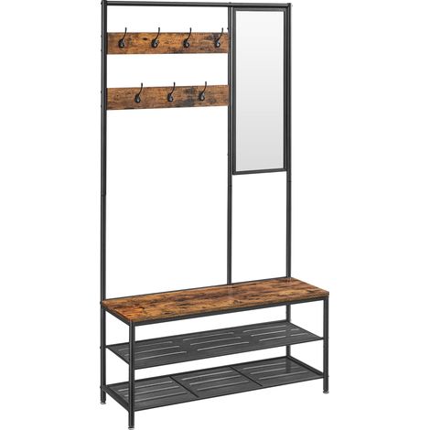 Meuble d’Entrée avec Crochets, Miroir, Banc et Étagère à Chaussures, Porte-Manteaux, Vestiaire, 35 x 98 x 180 cm, Couloir, Chambre, Style Industriel, Marron Rustique et Noir d'encre HSR415B01 (1/5)