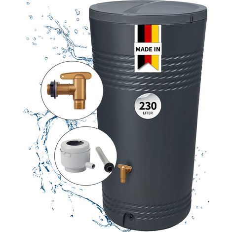 4rain Milo Regentonne mit Deckel Komplett-Set 230 Liter graphite grey inkl. Kunststoff-Auslaufhahn und Fallrohranschluss