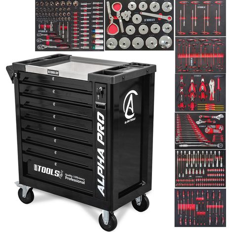 BM TOOLS Carro Taller ALPHA-PRO 9 Cajones 311 Herramientas Carrito Mecánico 4 Ruedas 2 Frenos Negro, Llaves, Campanas para Filtr (1/5)