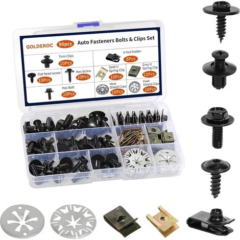 Kit de 90 pièces fixations auto : clips, vis, écrous et rondelles pour carrosserie (1/5)