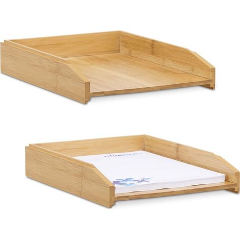 Lot de 2 range-documents, en bambou, format A4, supports empilables, pour bureau, nature (1/5)