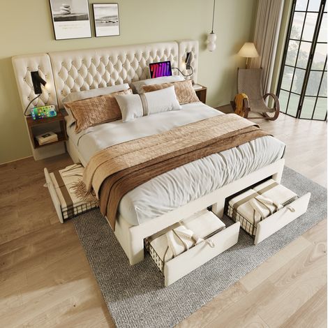 MEUBLIV Letto 160x200 cm beige – 4 cassetti, comodini integrati e USB, senza materasso (1/5)
