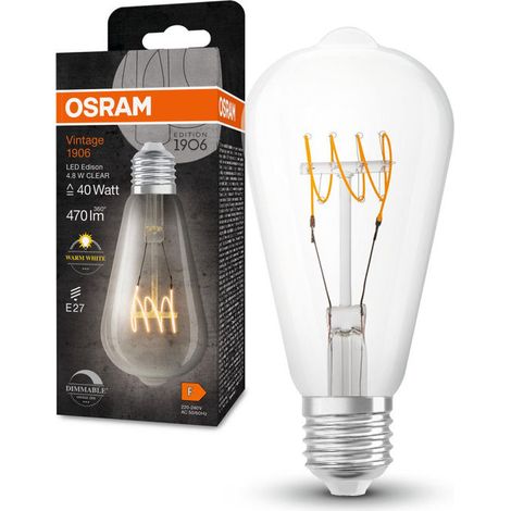 Osram, Lampada LED Vintage 1906 Edison, E27, 4.8W 470lm, 2700K, Dimmerabile, Filamento Chiaro