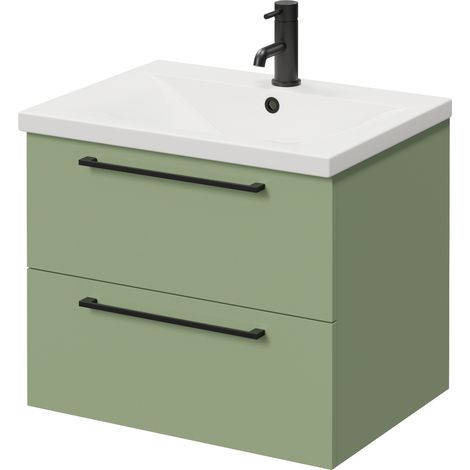 Napoli 460 Olive Green 600mm Wall Mounted 2 Drawer Vanity Unit with Glide Basin - 600mm - Matt Black 320mm Handle