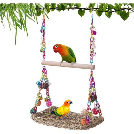 Ensemble balançoire et perchoir pour oiseaux – Bois, plateforme tressée en jonc de mer pour grimper et mâcher (perruches, perruches ondulées et plus encore)