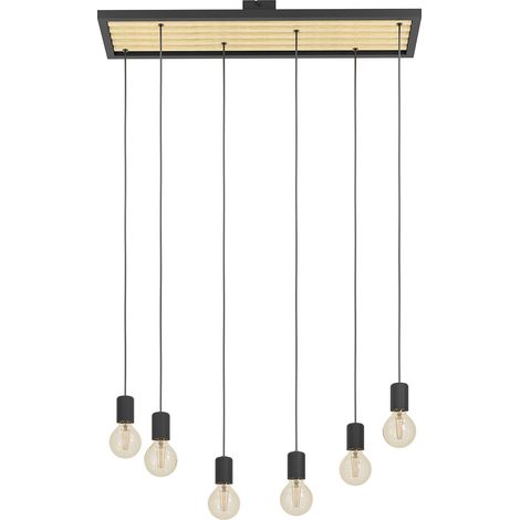 Lampadario A Sospensione Vintage Consett Acciaio Nero Legno 6 Luci E27