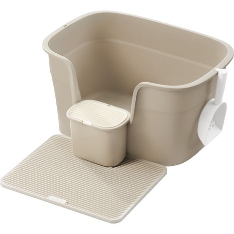 Feandrea – Bac à litière extra large 64x44x33 cm pour grands chats – Parois latérales – Tapis à litière et pelle inclus – Beige cappuccino (1/5)