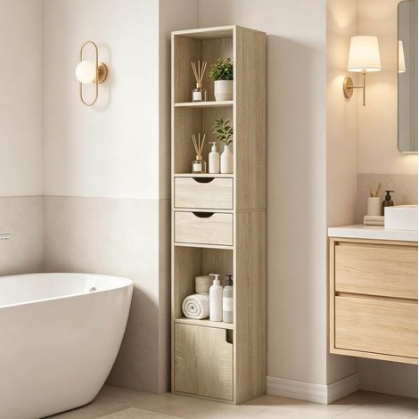 Meuble de rangement étroit avec 3 étagères, 2 tiroirs et 1 placard, bois mélaminé chêne clair HAVRYA (1/5)
