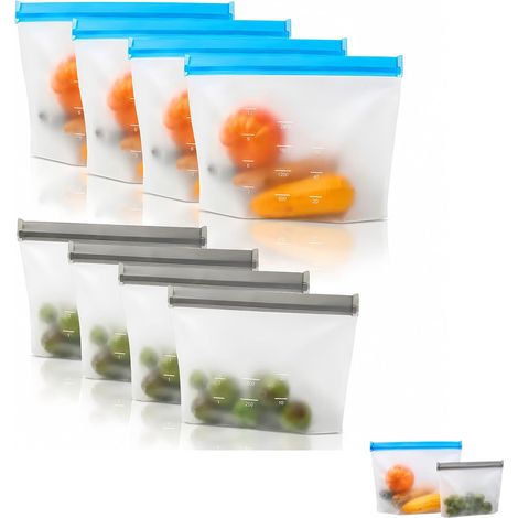 Set of 8 reusable freezer bags with flat PEVA bottom, BPA-free leakproof food storage bags, 4 large and 4 small bags for fruit, vegetables, meat and sandwiches (1/5)