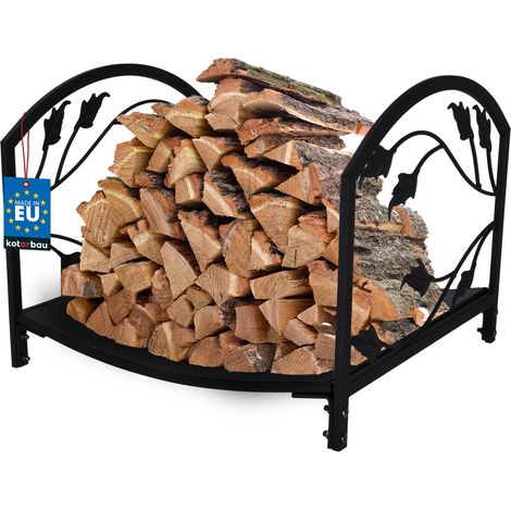 Soporte para leña KOTARBAU® para chimenea, de acero, con hojas decorativas negras, 40 x 37 x 31 cm.