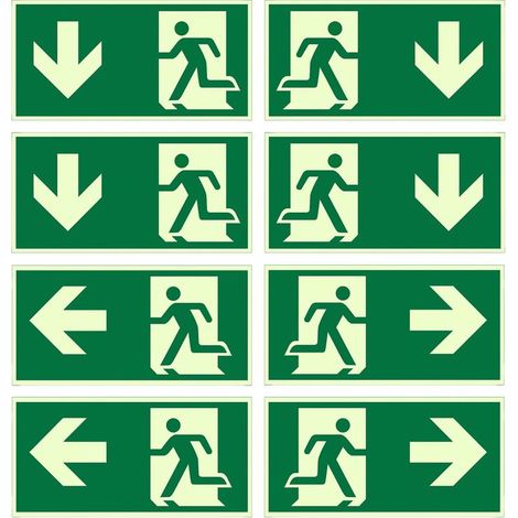 Lot de 8 Panneaux de Sortie de Secours Phosphorescents 300x150 mm – PVC Autocollant avec Flèches (Gauche, Droite, Bas) – Signalétique Photoluminescente de Sécurité pour Bureaux, Hôtels et Commerces (1/5)