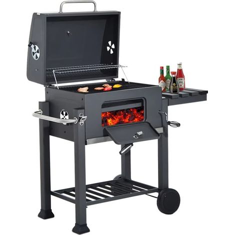 Barbecue charbon de bois avec couvercle XL, grille de maintien au chaud, surface de cuisson 55x36 cm, thermomètre, tables latérales pliables (1/5)