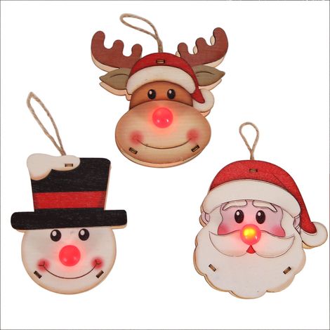 Lot de 3 pendentifs lumineux en bois de Noël, motifs Père Noël, élan et bonhomme de neige, avec LED pour décoration d'arbre de Noël