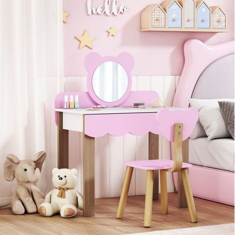 Coiffeuse enfant avec miroir et tabouret, 2 pièces, tiroir, rose HAVRYA (1/5)