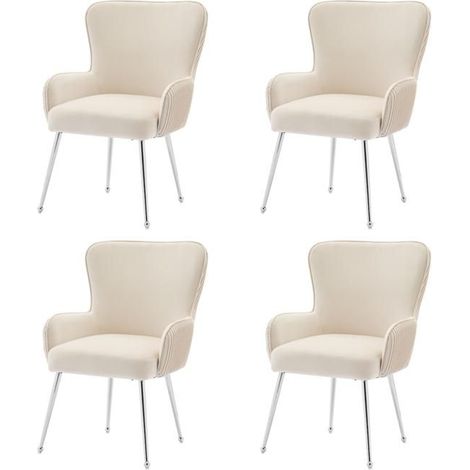 Chaise - Lot de 4 chaises de salle à manger - Velours beige - Accoudoirs et dossier ergonomique - Pieds métal argenté réglables