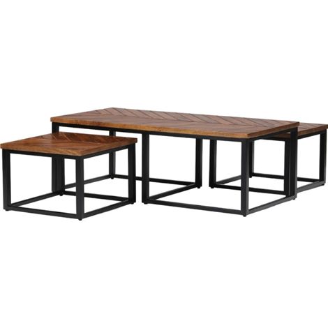 Parquet Coffee Table with Stool - Mango Wood/Iron - L60 x W120 x H41.5 cm