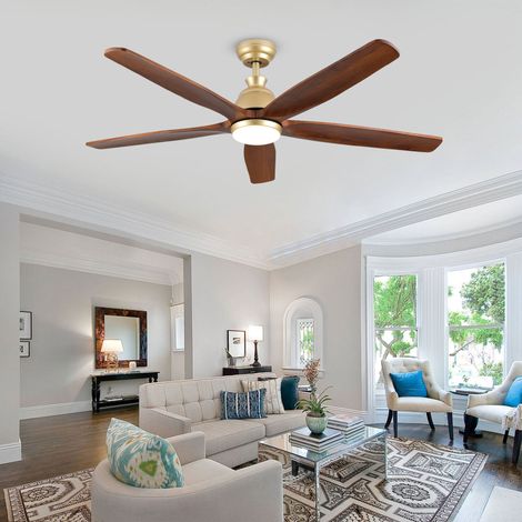 Ventilateur de Plafond avec Lumiere Télécommande Farmhouse, Moteur DC Silencieux, 5 Pales en Bois Marron, Dimmables, Or brun, Terrasse Chambre - 132 cm (1/5)