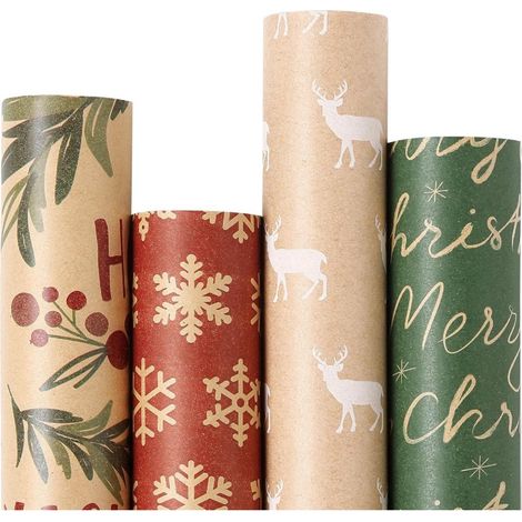 Lot de 4 feuilles de papier cadeau de Noël dimensions 43 x 300 cm en papier kraft avec motifs pour emballer les cadeaux et décorer les fêtes (1/5)