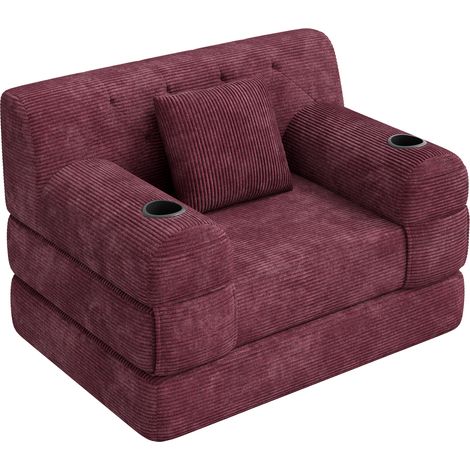 Sofá cama individual de pana con respaldo alto, 2 portavasos y 4 bolsillos, vino tinto HOMVRA (1/5)