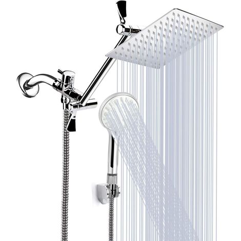 Duschkopf, 8 Zoll Hochdruck-Duschkopf/Handbrause mit 11 Zoll Verlängerungsarm, 9-fach verstellbarer auslaufsicherer Duschkopf mit Halter/Schlauch, einstellbare Höhe/Winkel