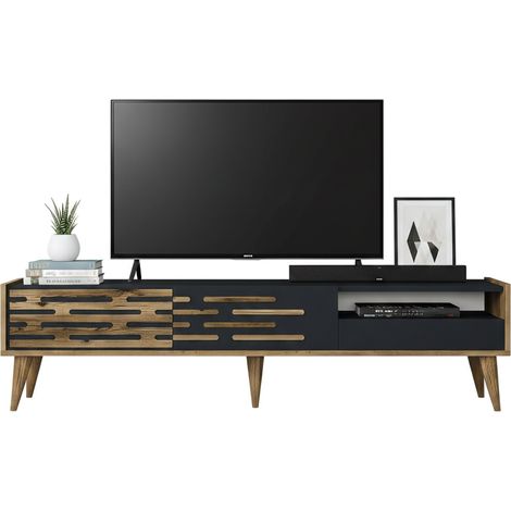 Dmora - Fernsehschrank Dbrunozz, Ständer für Wohnzimmerfernseher, Niedriges Wohnzimmer-Sideboard, TV-Ständerbasis, 180x45h35 cm, Anthrazit und Nussbaum