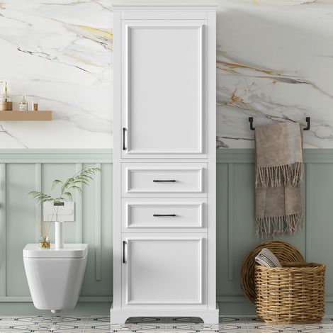 URBAN MEUBLE Armoire haute de salle de bain blanc, étagères réglables, poignées noires 60x40x180cm (1/5)