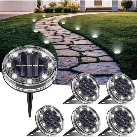 Lot de 6 Lampe Solaire Au Sol, 8 LED Lumiere Solaire Exterieur Jardin IP68 Étanche, Spot Solaire Extérieur pour Chemins Pelouse Terrasse Allée Cour Piscine Passerelle, Blanc Froid (1/5)