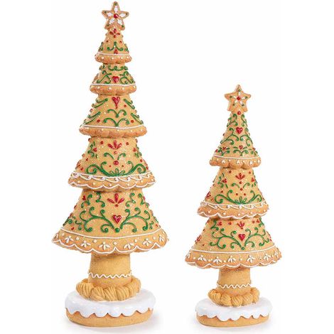 Sapin de Noël pain d'épice à friandises en relief et paillettes en résine colorée, par deux, grand : 14x8,5x36,5 cm (H.)