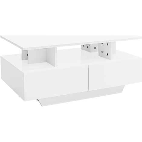 Mesa de centro moderna blanca de alto brillo con LED y 2 cajones 90x55x41 cm (1/5)