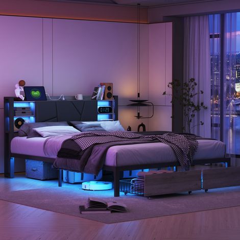 Letto matrimoniale 160 x 200 cm - con cassetti - vano contenitore - illuminazione a LED - porta USB - struttura imbottita - rete a doghe - stile moderno (1/5)