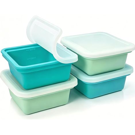 Lot de 4 bacs à glaçons en silicone - 500 ml - Souper Cubes - Contenants de congélation avec couvercle pour stocker et congeler le bouillon, la sauce (1/5)