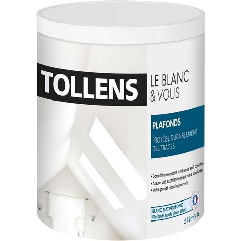 Tollens – Peinture plafond blanche mate 1L – Opacité renforcée en monocouche – Limite les traces de rouleau – Séchage rapide en 1H – Rendement 12m²