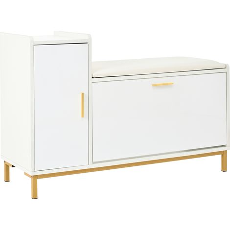Banc de rangement avec 2 étagères à chaussures et 1 armoire, coussin rembourré, design blanc et doré, 100x38x68 cm (1/5)