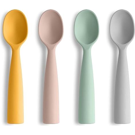 Cuillère d'apprentissage en silicone pour bébé, lot de 4 cuillères, cuillères de sevrage autonome, pour enfants et nourrissons. (1/3)