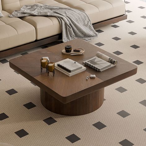 Table basse carrée de 78 cm pour salon,plateau moderne en placage bois avec motif en parquet et base cylindrique,table épaissite,simple montage,noyer (1/5)